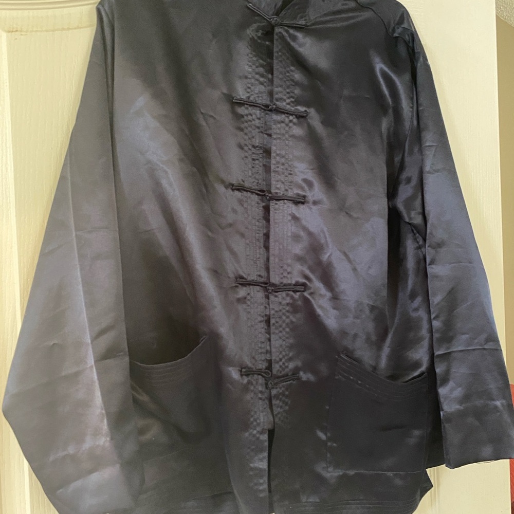 Navy Silk Pajama Set with Mandarin Collar